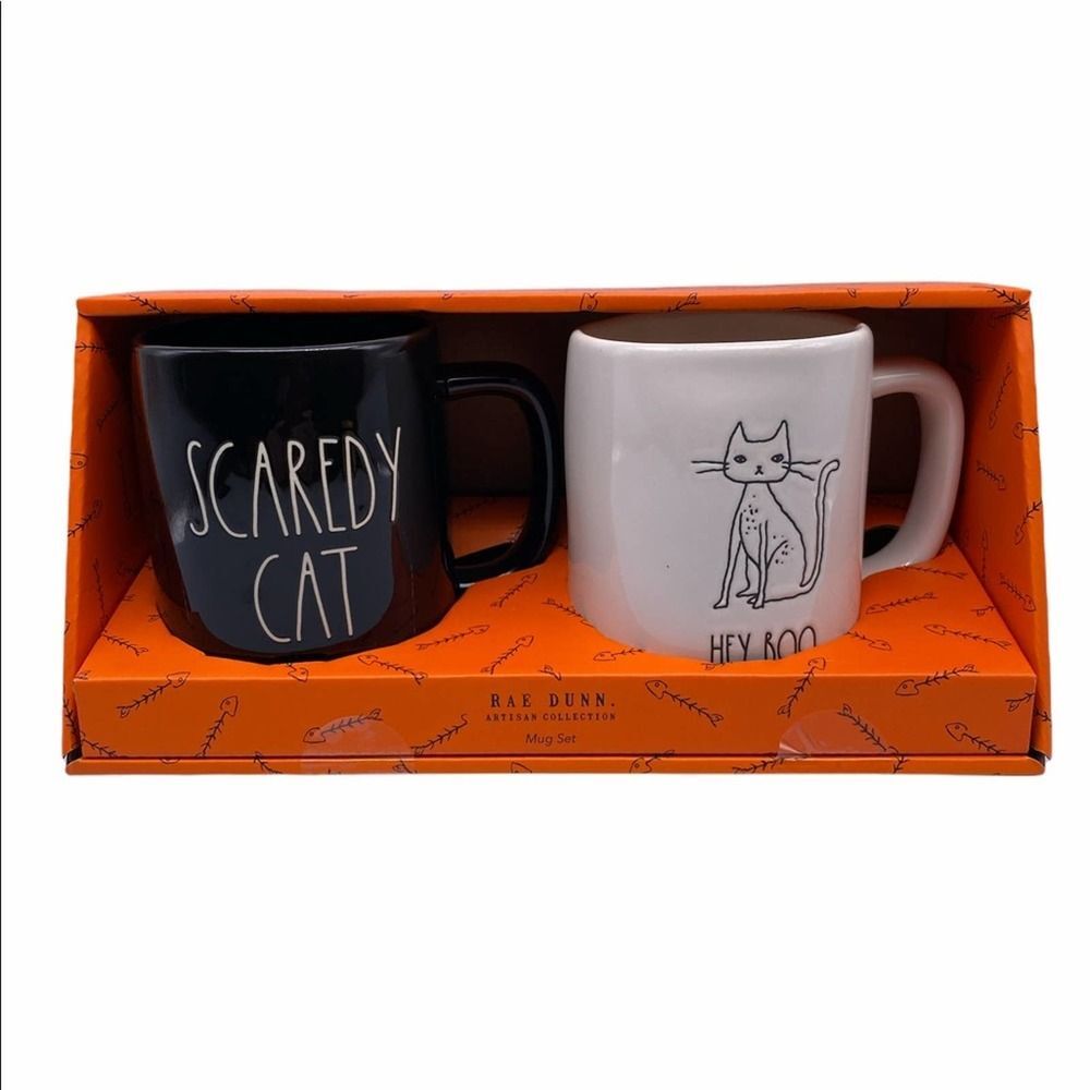 Rae Dunn SCAREDY CAT / HEY BOO Mug Set